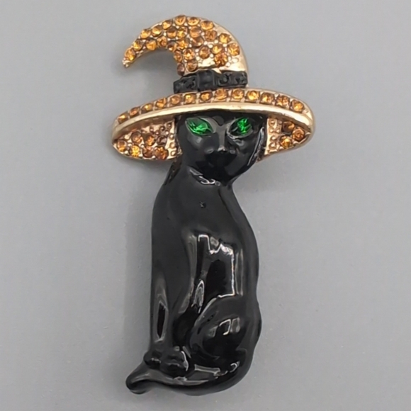 NWOT Halloween Black Cat Brooch With Bejeweled Skull Stud Earrings - Picture 7 of 12